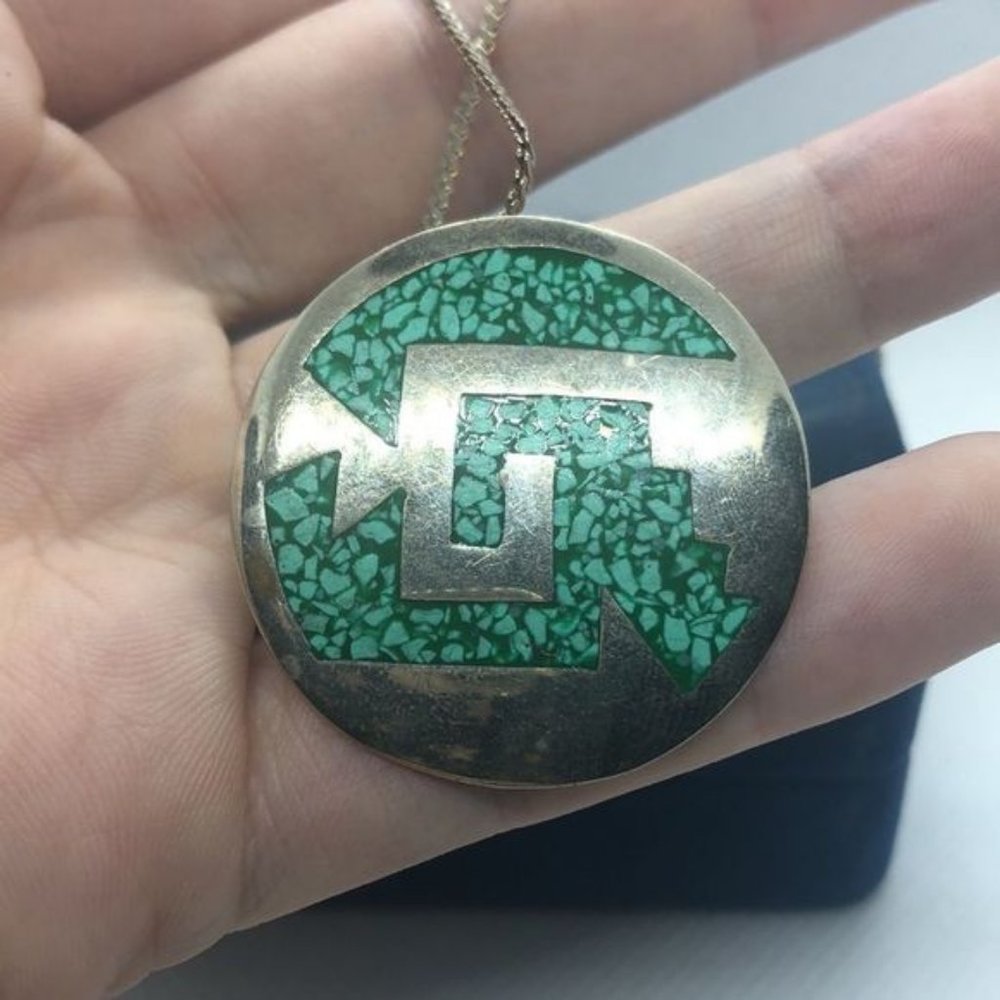 Alpaca Silver Inlaid Turquoise Brooch Pendant
